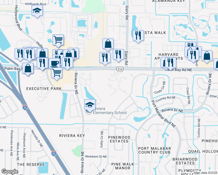 map of restaurants, bars, coffee shops, grocery stores, and more near 1021 Abada Court Northeast in Palm Bay