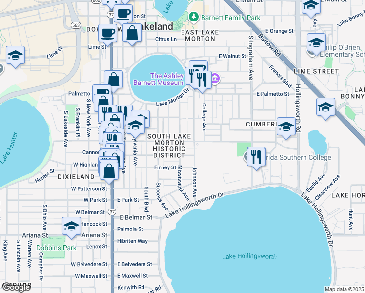 map of restaurants, bars, coffee shops, grocery stores, and more near 910 Mississippi Avenue in Lakeland