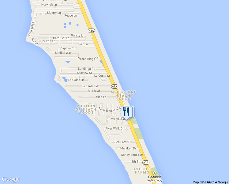 map of restaurants, bars, coffee shops, grocery stores, and more near 107 South Highway A1A in Melbourne Beach