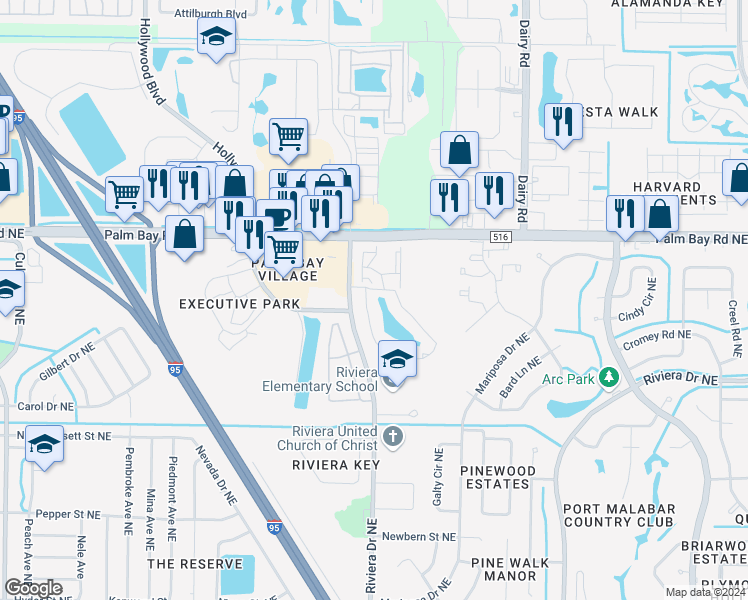 map of restaurants, bars, coffee shops, grocery stores, and more near 954 Sonesta Avenue Northeast in Palm Bay