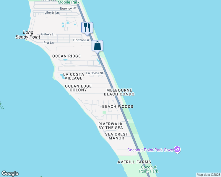 map of restaurants, bars, coffee shops, grocery stores, and more near 3140 South Highway A1A in Melbourne Beach