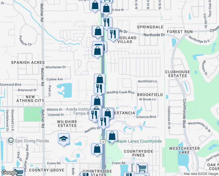 map of restaurants, bars, coffee shops, grocery stores, and more near 28775 U.S. 19 in Clearwater