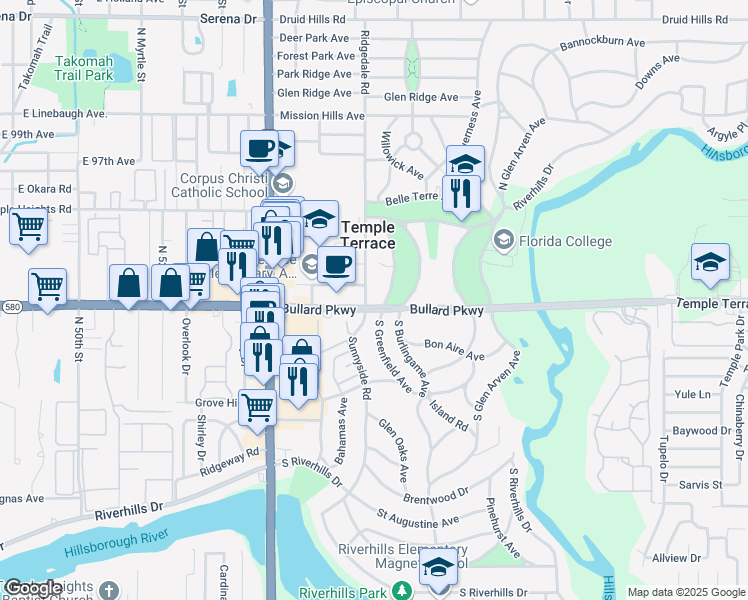 map of restaurants, bars, coffee shops, grocery stores, and more near 107 Ridgedale Road in Tampa