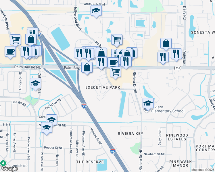 map of restaurants, bars, coffee shops, grocery stores, and more near 820 Palm Bay Road Northeast in Palm Bay