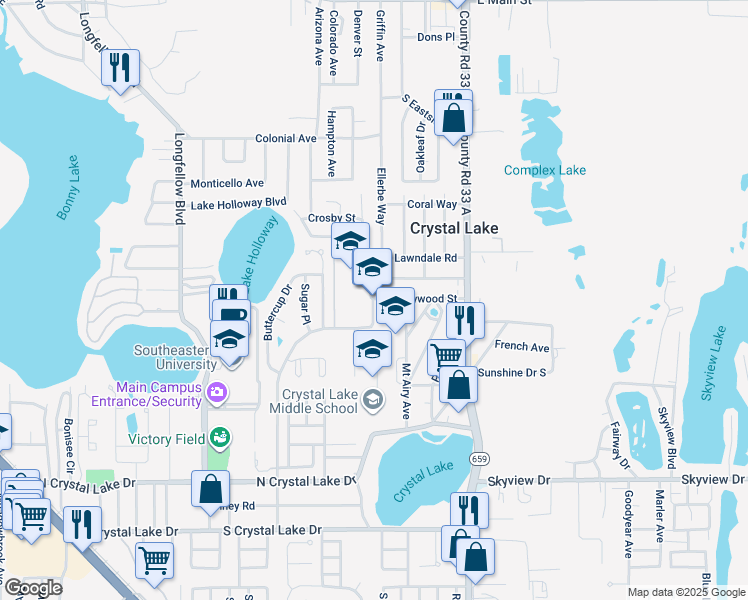 map of restaurants, bars, coffee shops, grocery stores, and more near 900 Lowry Avenue in Lakeland