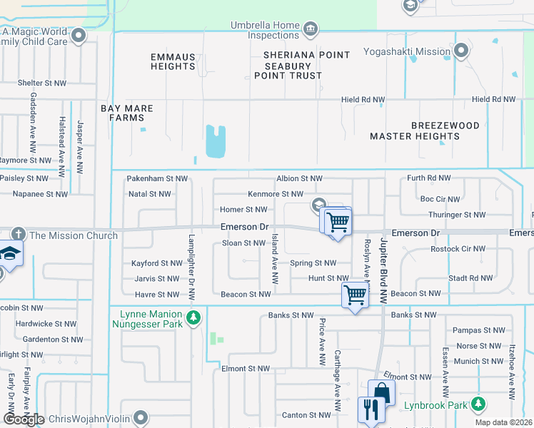 map of restaurants, bars, coffee shops, grocery stores, and more near 1108 Kenmore Street Northwest in Palm Bay