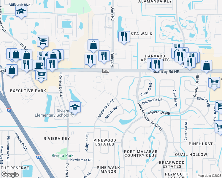 map of restaurants, bars, coffee shops, grocery stores, and more near 1401 Sheafe Avenue Northeast in Palm Bay
