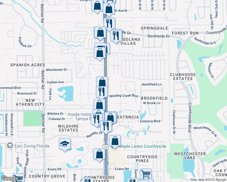 map of restaurants, bars, coffee shops, grocery stores, and more near 2420 Winding Creek Boulevard in Clearwater
