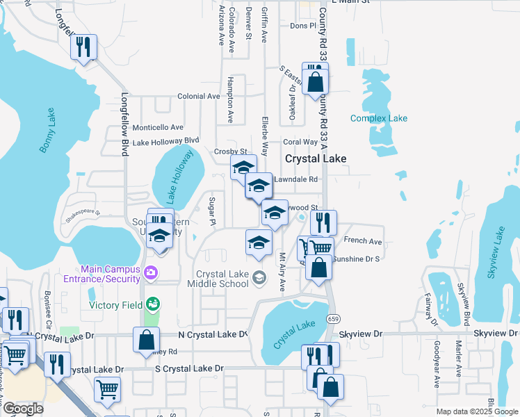 map of restaurants, bars, coffee shops, grocery stores, and more near 900 Lowry Avenue in Lakeland