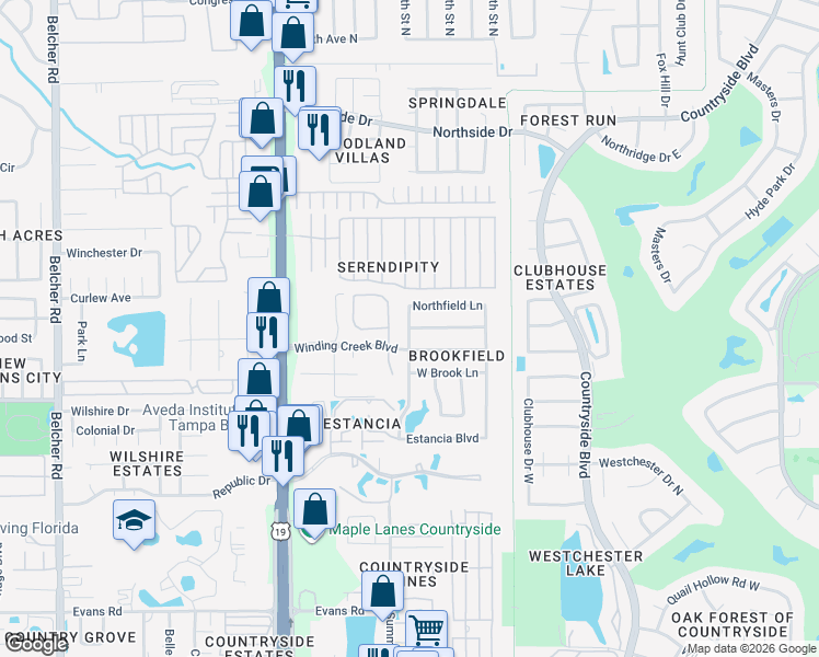 map of restaurants, bars, coffee shops, grocery stores, and more near 3071 Pepperwood Lane West in Clearwater