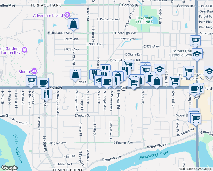 map of restaurants, bars, coffee shops, grocery stores, and more near 4805 Sandra Drive in Tampa