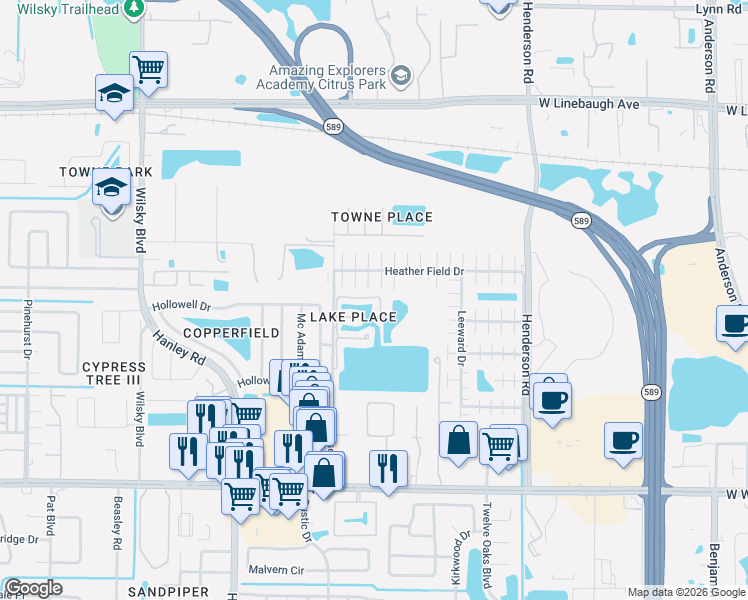 map of restaurants, bars, coffee shops, grocery stores, and more near 8805 Covered Bridge Court in Tampa