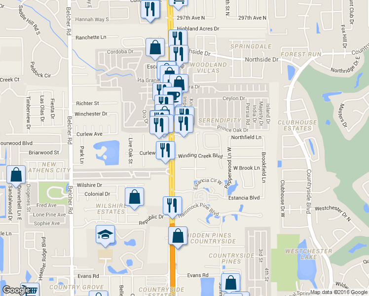 map of restaurants, bars, coffee shops, grocery stores, and more near 28775 U.S. 19 in Clearwater