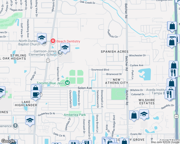 map of restaurants, bars, coffee shops, grocery stores, and more near 1820 Sourwood Boulevard in Dunedin