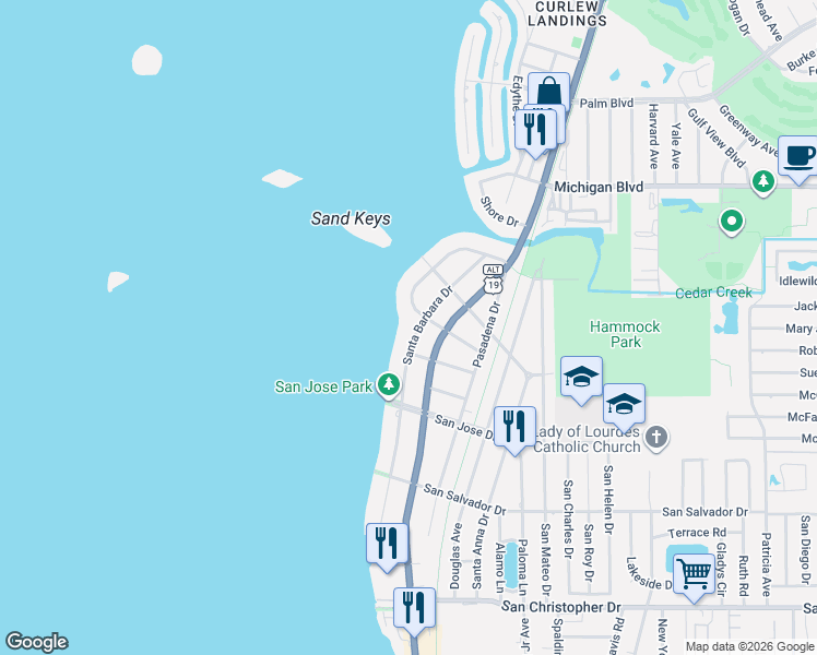 map of restaurants, bars, coffee shops, grocery stores, and more near 156 Buena Vista Drive South in Dunedin