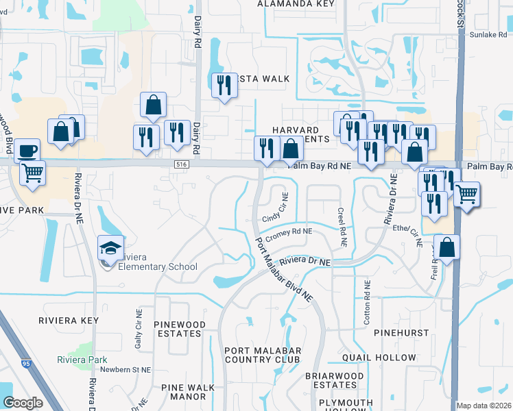 map of restaurants, bars, coffee shops, grocery stores, and more near 1487 Cindy Circle Northeast in Palm Bay
