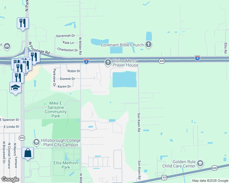 map of restaurants, bars, coffee shops, grocery stores, and more near 2724 Wilder Reserve Drive in Plant City