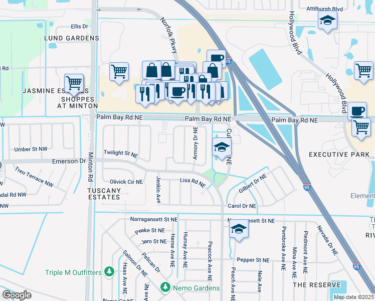 map of restaurants, bars, coffee shops, grocery stores, and more near 1350 Altamont Avenue Northeast in Palm Bay