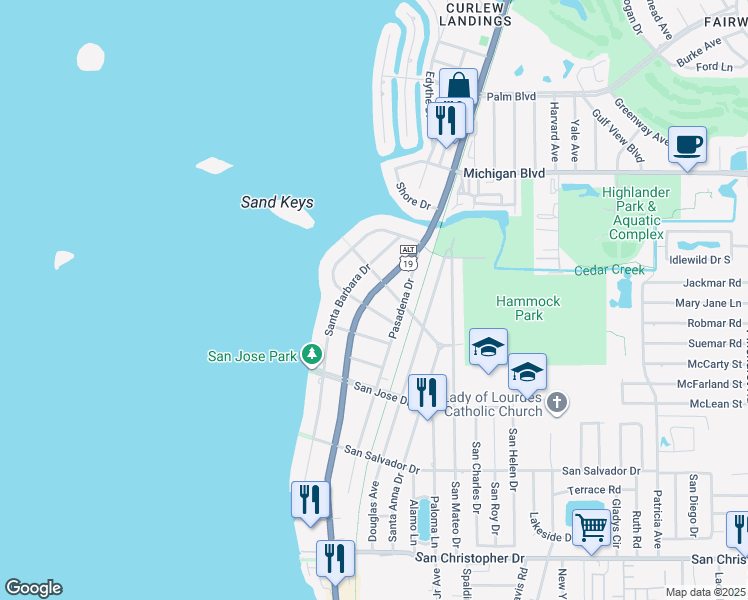 map of restaurants, bars, coffee shops, grocery stores, and more near 1785 Bayshore Boulevard in Dunedin