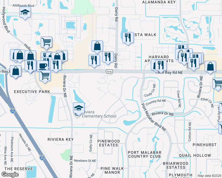 map of restaurants, bars, coffee shops, grocery stores, and more near 1411 Sheafe Avenue Northeast in Palm Bay