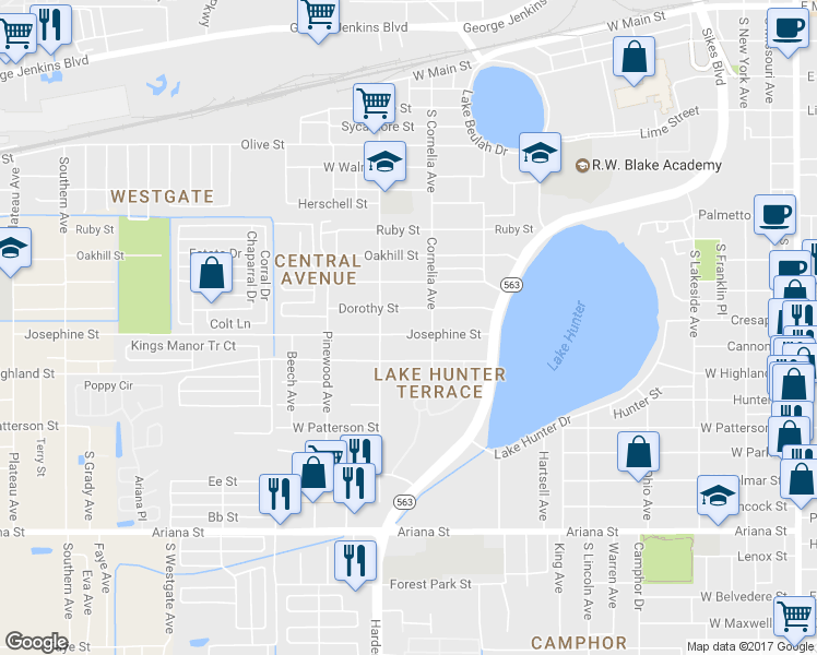 map of restaurants, bars, coffee shops, grocery stores, and more near 1116 Dorothy Street in Lakeland