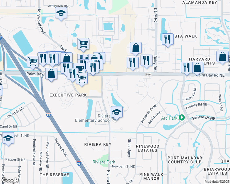 map of restaurants, bars, coffee shops, grocery stores, and more near 954 Sonesta Avenue Northeast in Palm Bay
