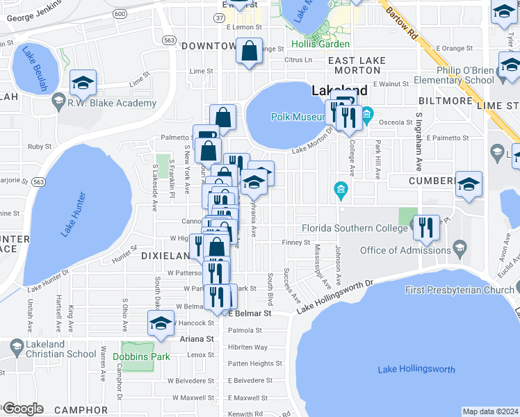 map of restaurants, bars, coffee shops, grocery stores, and more near 840 South Boulevard in Lakeland