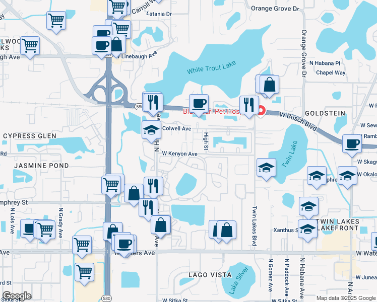 map of restaurants, bars, coffee shops, grocery stores, and more near 8710 Sleepy Oak Place in Tampa