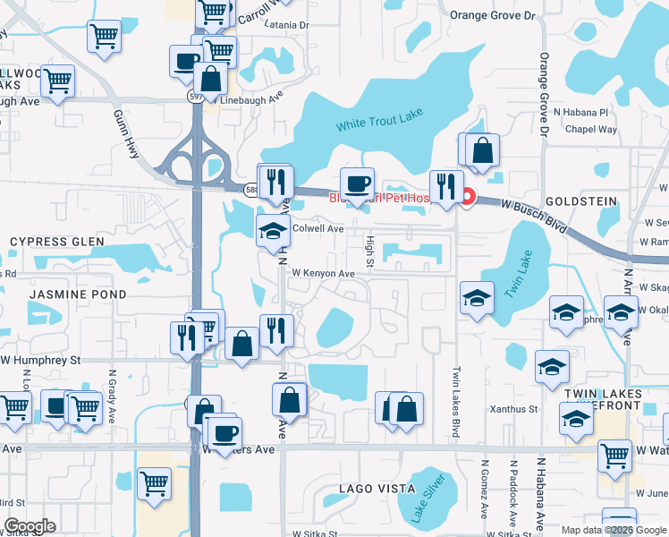 map of restaurants, bars, coffee shops, grocery stores, and more near 8710 Sleepy Oak Place in Tampa