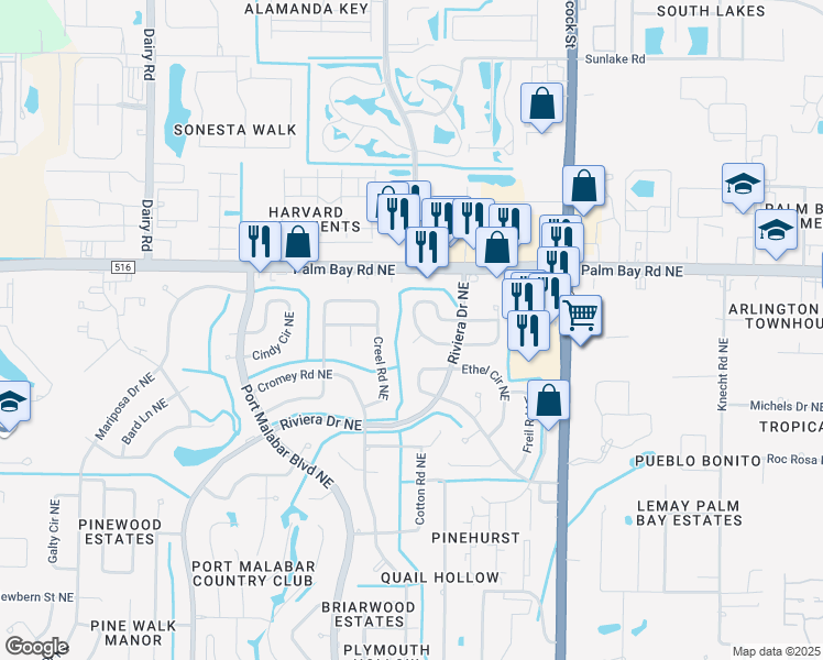 map of restaurants, bars, coffee shops, grocery stores, and more near 1400 Carr Circle Northeast in Palm Bay