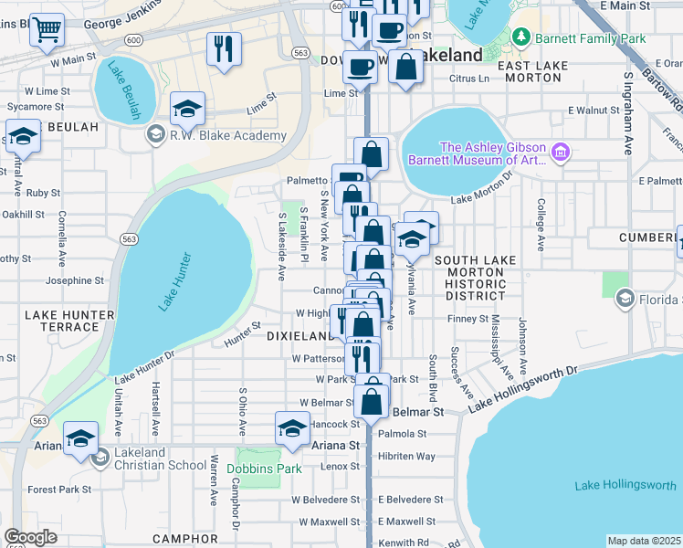 map of restaurants, bars, coffee shops, grocery stores, and more near 847 South Missouri Avenue in Lakeland