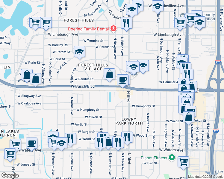 map of restaurants, bars, coffee shops, grocery stores, and more near 1028 West Busch Boulevard in Tampa