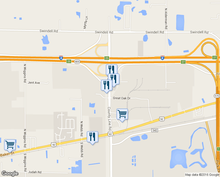 map of restaurants, bars, coffee shops, grocery stores, and more near 834 County Line Road in Lakeland