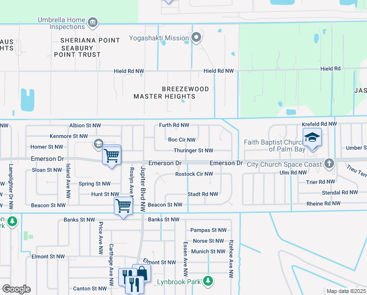map of restaurants, bars, coffee shops, grocery stores, and more near 803 Thuringer Street Northwest in Palm Bay