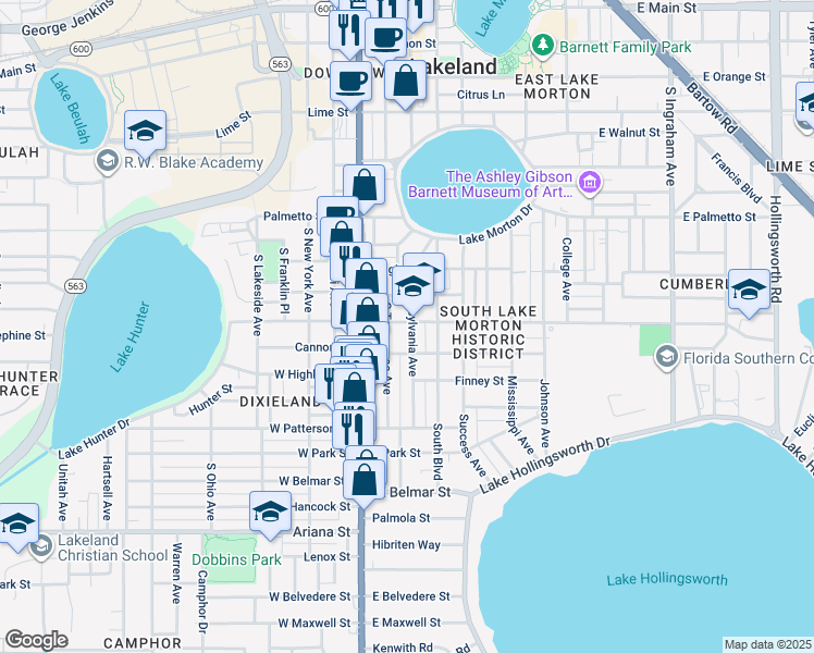 map of restaurants, bars, coffee shops, grocery stores, and more near 901 Pennsylvania Avenue in Lakeland