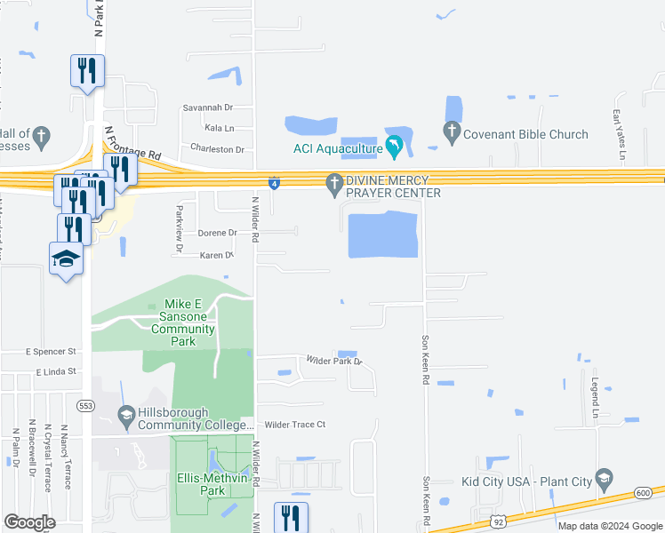 map of restaurants, bars, coffee shops, grocery stores, and more near 2724 Wilder Reserve Drive in Plant City