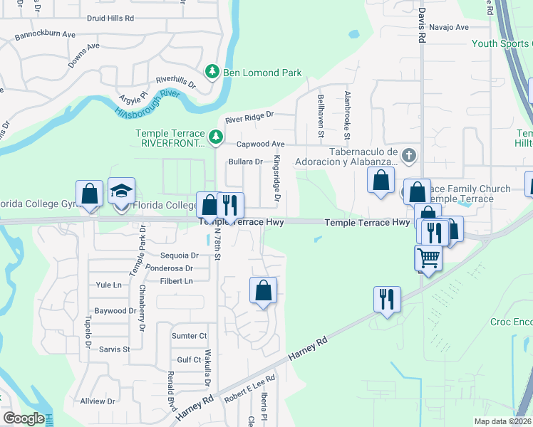 map of restaurants, bars, coffee shops, grocery stores, and more near 9209 Kingsridge Drive in Tampa
