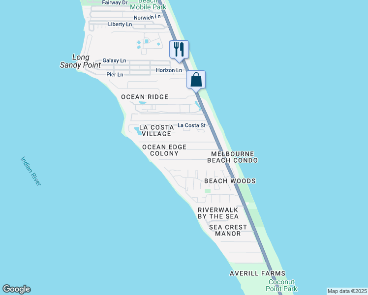 map of restaurants, bars, coffee shops, grocery stores, and more near 220 Rita Boulevard in Melbourne Beach