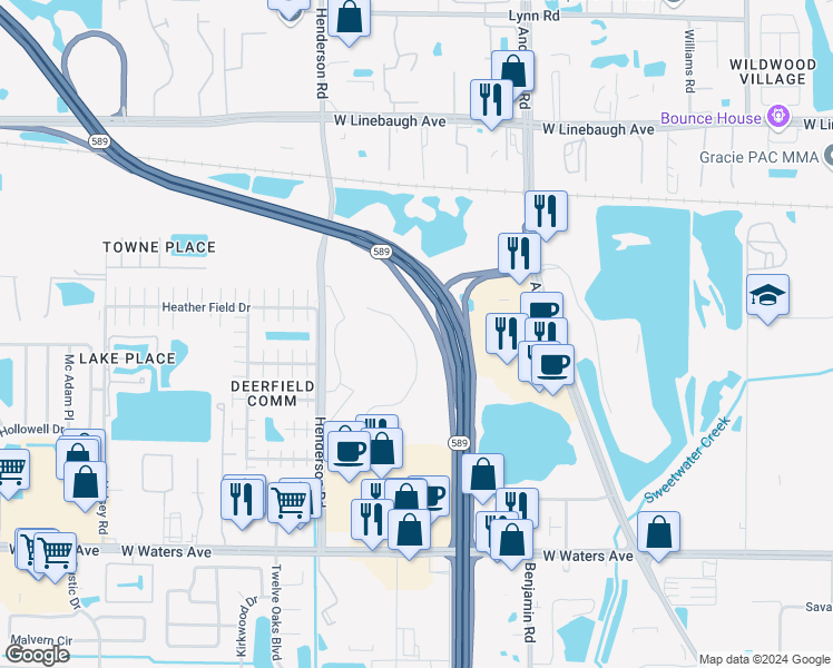 map of restaurants, bars, coffee shops, grocery stores, and more near 8745 Henderson Road in Tampa