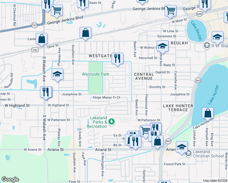 map of restaurants, bars, coffee shops, grocery stores, and more near Colt Lane in Lakeland