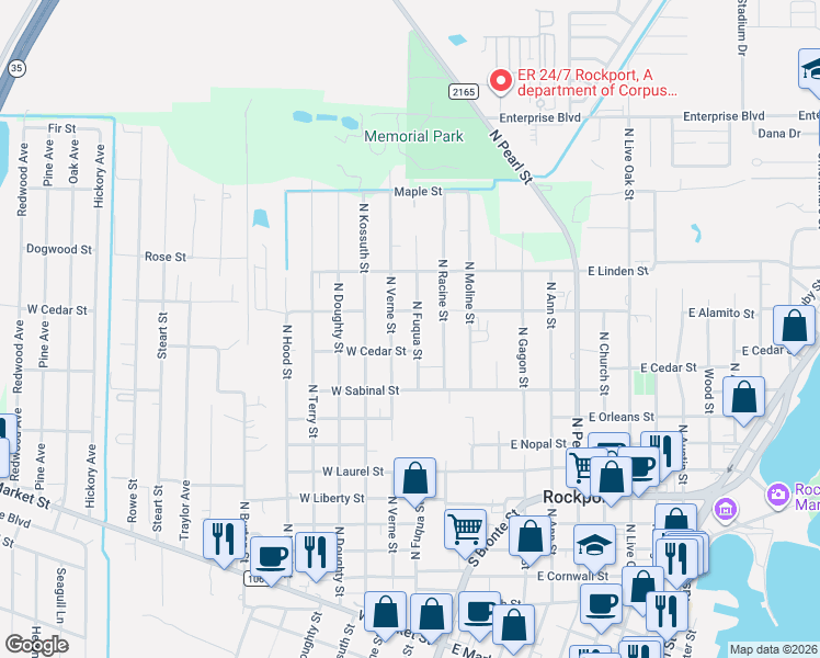 map of restaurants, bars, coffee shops, grocery stores, and more near 1032 North Fuqua Street in Rockport