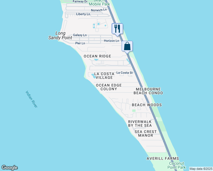 map of restaurants, bars, coffee shops, grocery stores, and more near 340 Richards Road in Melbourne Beach