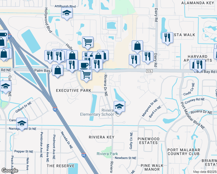 map of restaurants, bars, coffee shops, grocery stores, and more near 954 Sonesta Avenue Northeast in Palm Bay