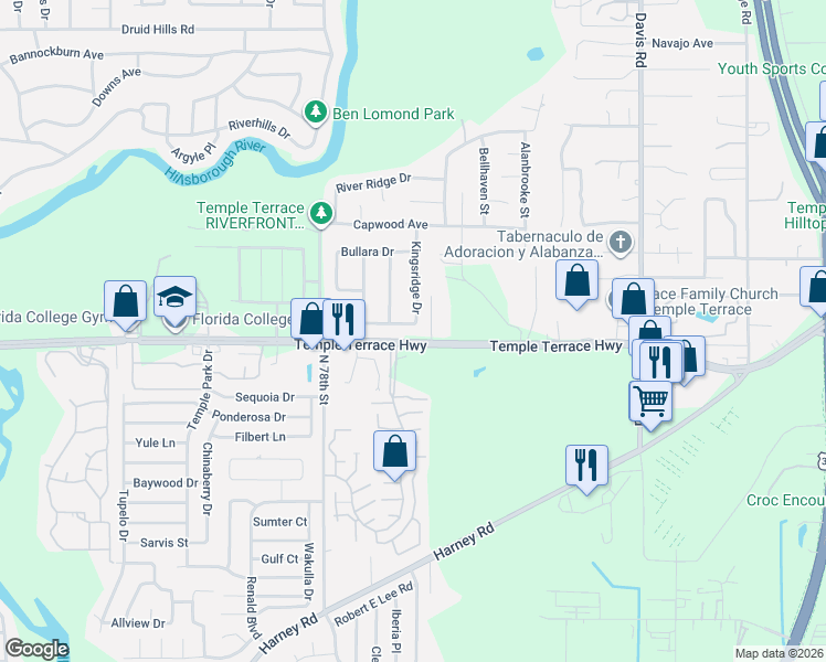 map of restaurants, bars, coffee shops, grocery stores, and more near 9217 Kingsridge Drive in Tampa