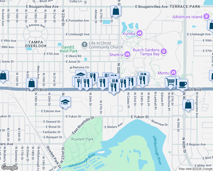 map of restaurants, bars, coffee shops, grocery stores, and more near 9211 North 28th Street in Tampa