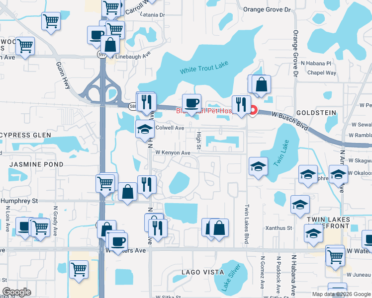 map of restaurants, bars, coffee shops, grocery stores, and more near 8712 High Street in Tampa