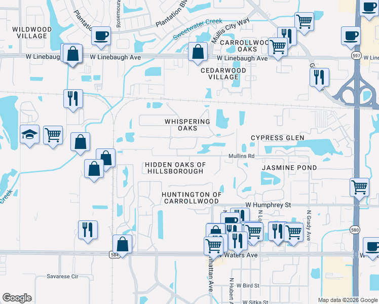 map of restaurants, bars, coffee shops, grocery stores, and more near 4621 Whispering Park Lane in Tampa