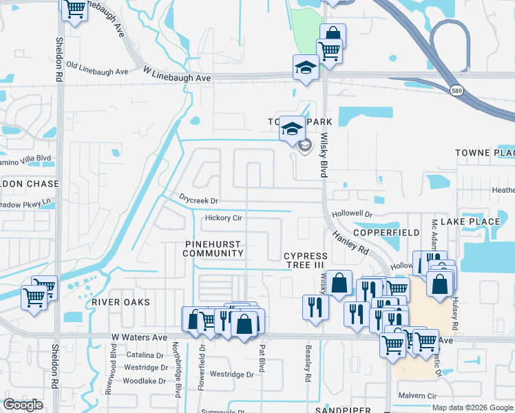 map of restaurants, bars, coffee shops, grocery stores, and more near 8237 Drycreek Drive in Tampa
