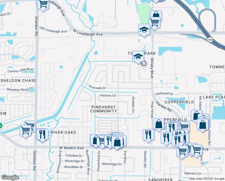 map of restaurants, bars, coffee shops, grocery stores, and more near 8307 Drycreek Drive in Tampa