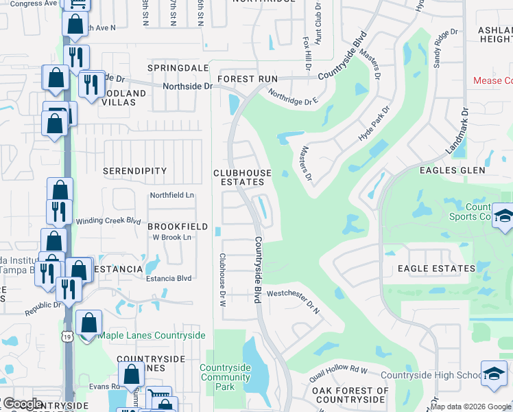 map of restaurants, bars, coffee shops, grocery stores, and more near 3087 Braeloch Circle in Clearwater